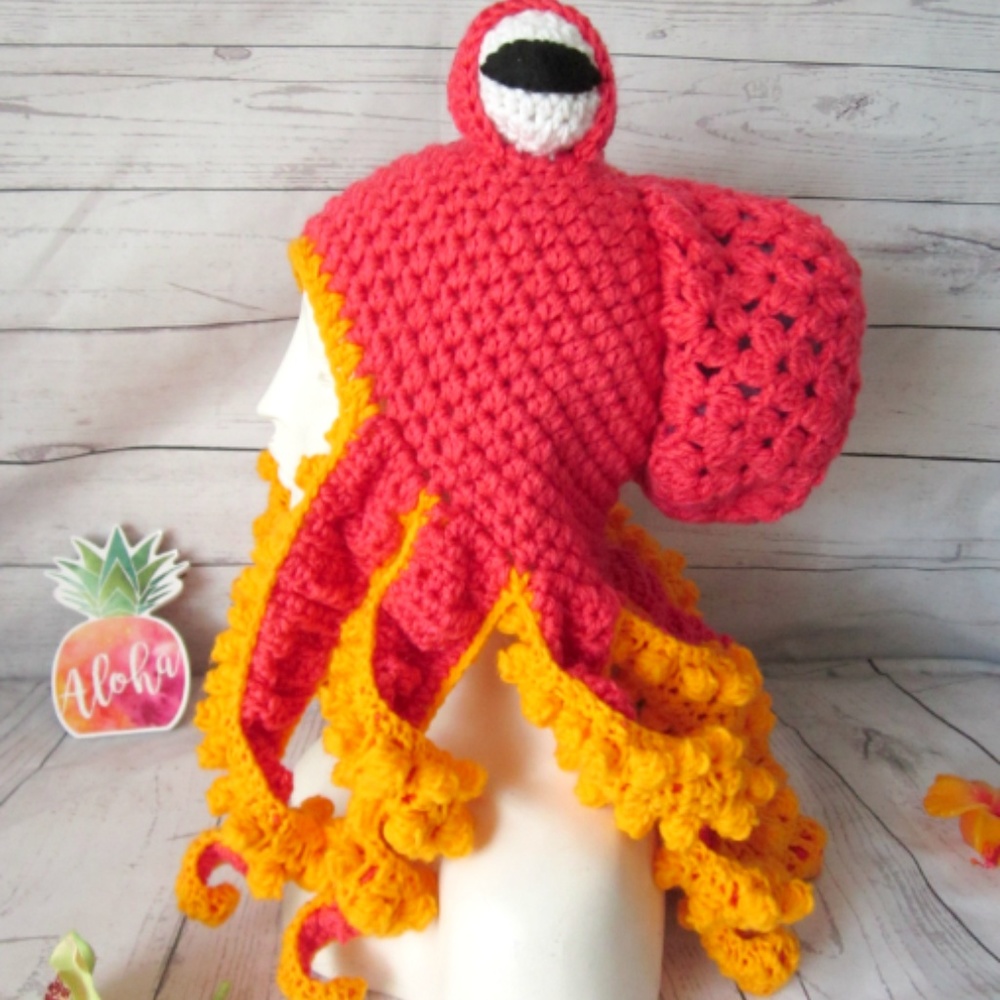 Octopus Hat Unisex Coral and Yellow OOAK NWOT
